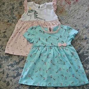 Nwot Unicorn Print Kids Dresses Set - Pink and Blue